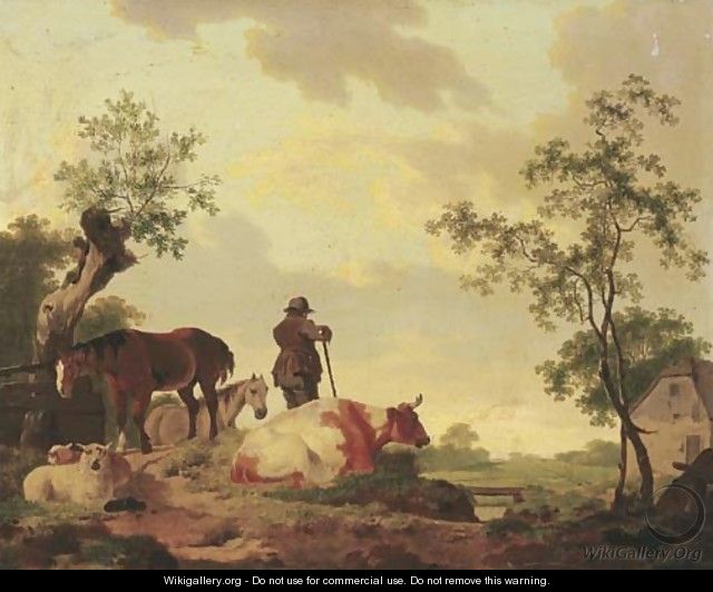 A landscape with a shepherd overlooking a river, a cow, sheep and horses nearby - Barend Hendrik Thier