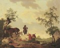 A landscape with a shepherd overlooking a river, a cow, sheep and horses nearby - Barend Hendrik Thier