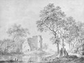 Travellers resting on a riverbank, a ruined fortress in the background - Barend Cornelis Koekkoek