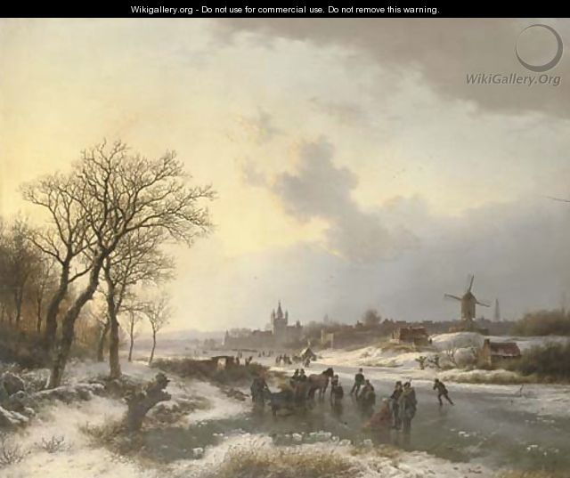 Late afternoon with numerous skaters by a town - Barend Cornelis Koekkoek