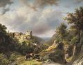 Figures on a mountain pass with the village and the Chateau of Larochette in the distance, Luxembourg - Barend Cornelis Koekkoek