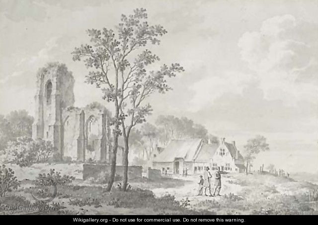Figures conversing by a farmhouse and a ruin - Barend Cornelis Koekkoek