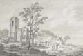 Figures conversing by a farmhouse and a ruin - Barend Cornelis Koekkoek