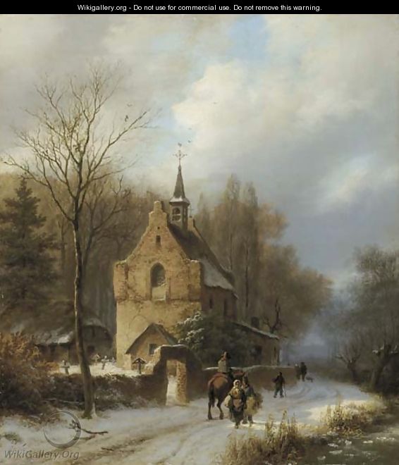Een boomrijk landschap met een kapel bij winter peasants passing a chapel in winter - Barend Cornelis Koekkoek