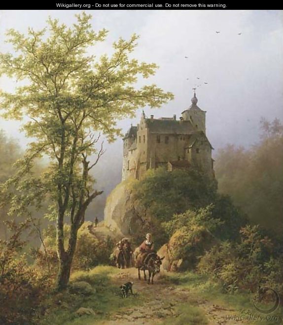 Berg en boomrijk landschap met een kasteel a castle in a wooded valley - Barend Cornelis Koekkoek