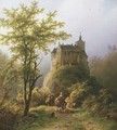 Berg en boomrijk landschap met een kasteel a castle in a wooded valley - Barend Cornelis Koekkoek