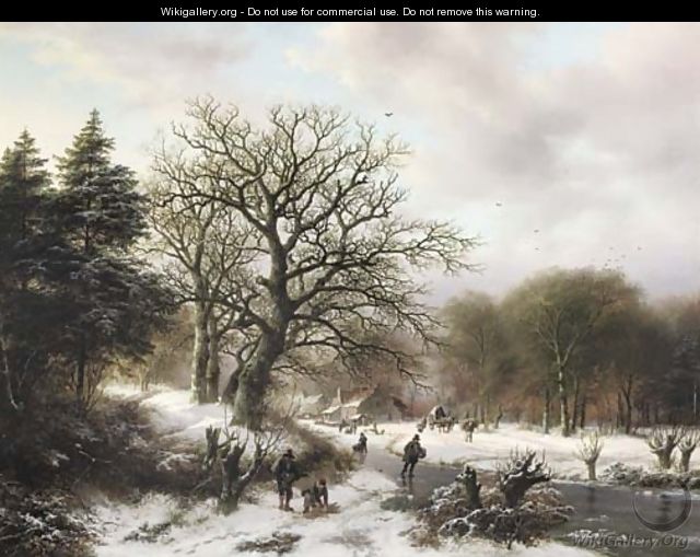 A winter landscape with wood gatherers and skaters - Barend Cornelis Koekkoek