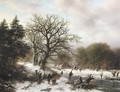 A winter landscape with wood gatherers and skaters - Barend Cornelis Koekkoek