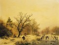 A snow-covered forest with skaters on a frozen waterway - Barend Cornelis Koekkoek