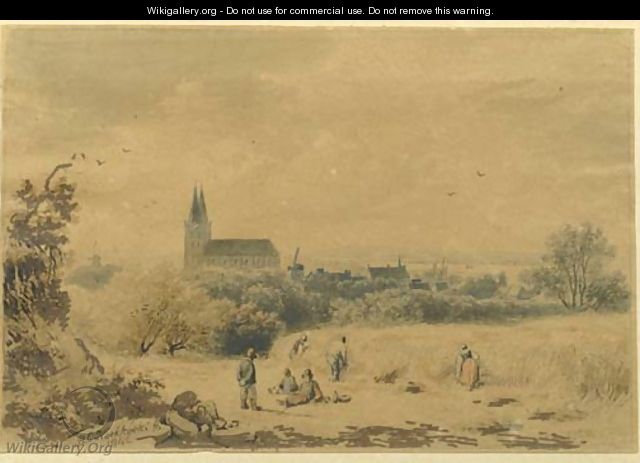 A panoramic view of a town in a valley - Barend Cornelis Koekkoek
