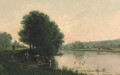 A Summer river landscape with cattle at a riverbank - Barbizon School
