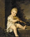 Portrait of the artist's son playing the violin, seated on a stone ledge in a landscape - Barbara Krafft