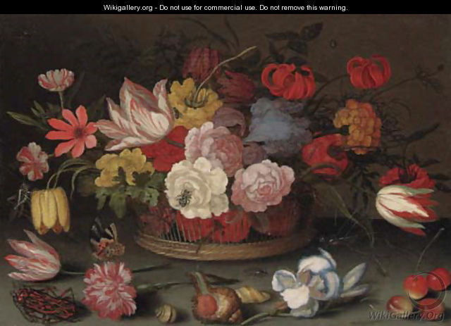 Roses, fritillaries, and lilies in a basket with cherries, shells, and an insect on a table - Balthasar Van Der Ast