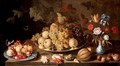 Grapes and pears on a pewter plate, with apples, cherries and grapes on a Wanli plate, flowers in a vase and a melon, nuts and shells on a tabletop - Balthasar Van Der Ast