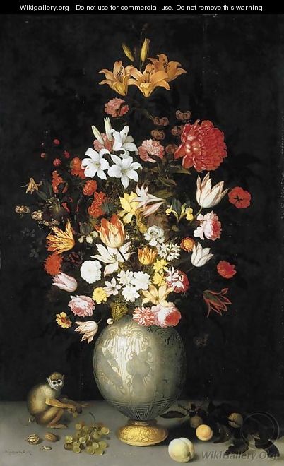 Lilies, roses, irises, tulips, narcissi, carnations and other flowers in a Chinese celadon ormulu-mounted vase, with a squirrel monkey, apricots - Balthasar Van Der Ast