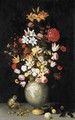 Lilies, roses, irises, tulips, narcissi, carnations and other flowers in a Chinese celadon ormulu-mounted vase, with a squirrel monkey, apricots - Balthasar Van Der Ast