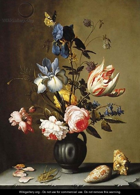 Irises, roses, columbine, hyacinth and a tulip in a black pottery pitcher, with seashells and a grasshopper on a stone ledge - Balthasar Van Der Ast