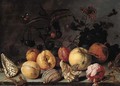 Fruit and shells, with butterflies, a dragonfly, a lizard, a snail and a fly on a stone ledge - Balthasar Van Der Ast