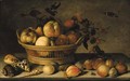 Apples, pears and a branch of mulberries in a basket, with plums, shells, a wasp, a Red Admiral, a grasshopper, a caterpillar and a fly on a ledge - Balthasar Van Der Ast