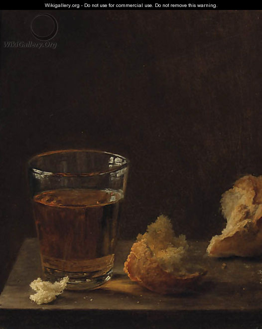 A Glass of Beer and a Bread Roll on a Table - Balthasar Denner