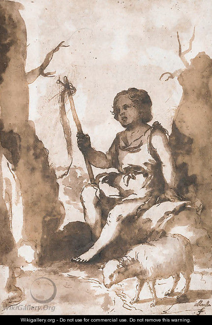 The Infant Baptist seated on a rock with a lamb - Bartolome Esteban Murillo