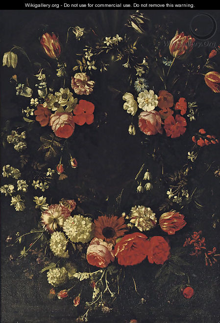 A garland of roses, tulips, violets and other flowers - Bartholomeus Van Winghen