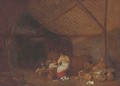A barn interior with a woman and children peeling onions, earthenware pots, carrots, onions and a cabbage nearby - Bartholomeus Molenaer