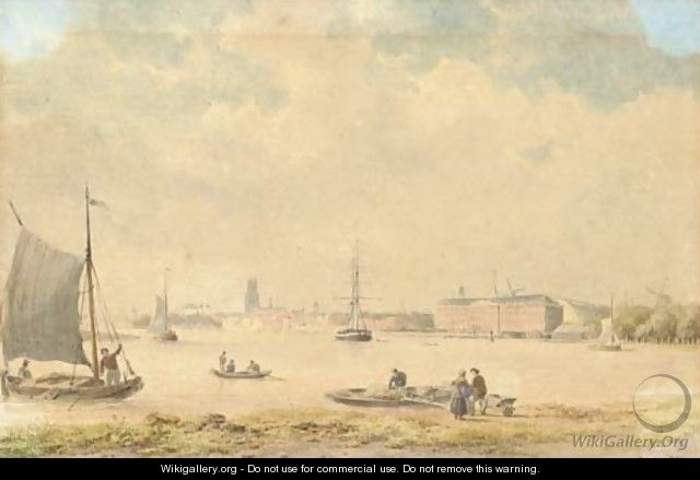 Shipping by a Dutch town - Bartholomeus Johannes Van Hove