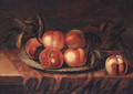 Peaches on a porcelain dish, on a partially draped ledge - Bartholomeus Assteyn