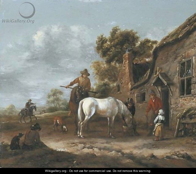 Travellers resting and watering their horses at a tavern - Barent Gael