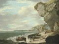 Coastal scene with fishermen on a beach in the foreground and sailing boats beyond - (after) William Hodges