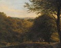 Deers in a wooded landscape, a hilltop castle beyond - (after) William Havell
