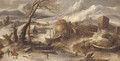 An Italianate winter landscape with fishermen by a river - (after) Willem Von Bemmel