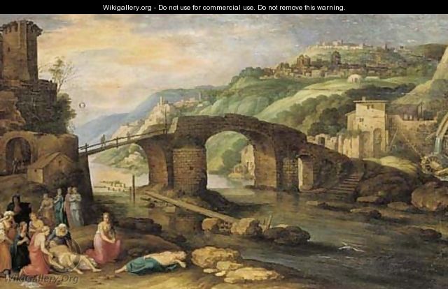An Italiante landscape with a bridge before a town, Hero and Leander in the foreground - (after) Willem Van, The Younger Nieulandt