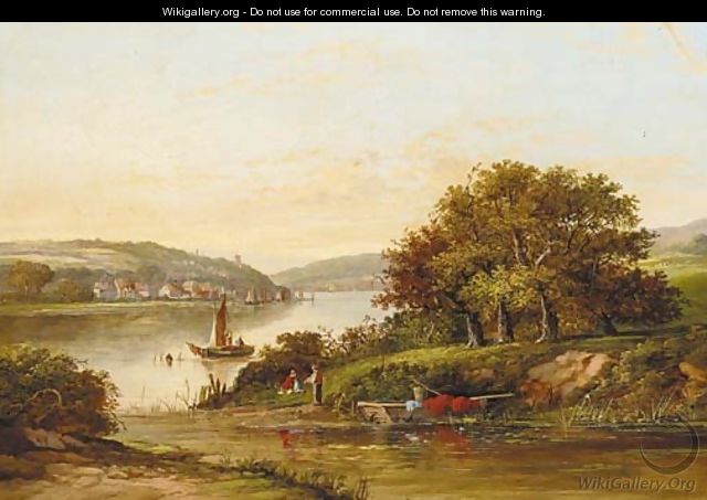 An angler on the bank of a river with a town beyond - (after) Walter Williams