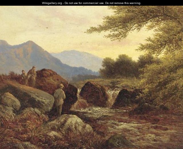 An angler by a rocky stream - (after) Walter Williams
