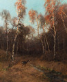 A birch forest with a deer by a stream - August Fink