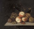 Peaches, grapes, red and whitecurrants, and an apple, on a ledge - (after) William Sartorius