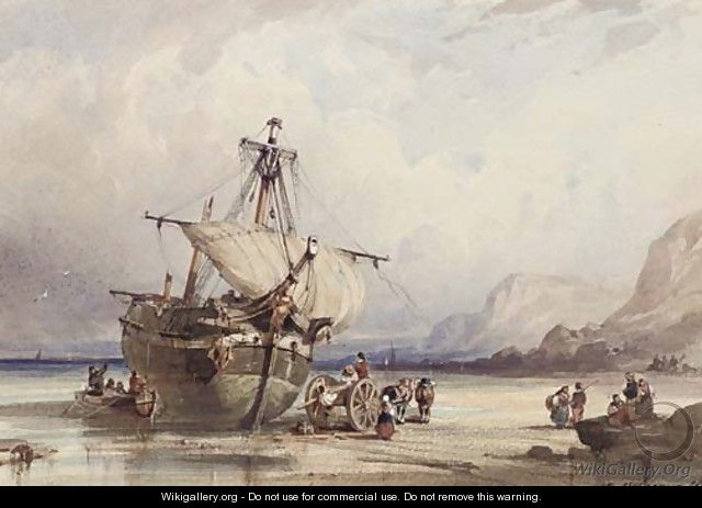 Figures dismantling a beached ship on a rocky shore - Auguste Delacroix