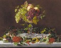Grapes and peaches in a tazza with wild berries on a marble ledge - Augusta Laessoe