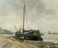 A moored Tjalk on a riverbank - August Willem van Voorden