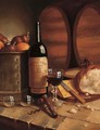 A bottle of Chateau Margaux, a goblet, fruit, bread, cheese and spectacles on a table - August Muller