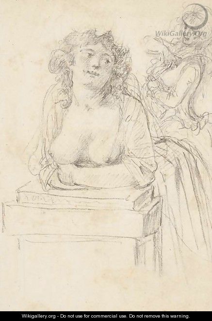 A bare-breasted woman leaning over a pedestal, another woman in the background - Augustin de Saint-Aubin