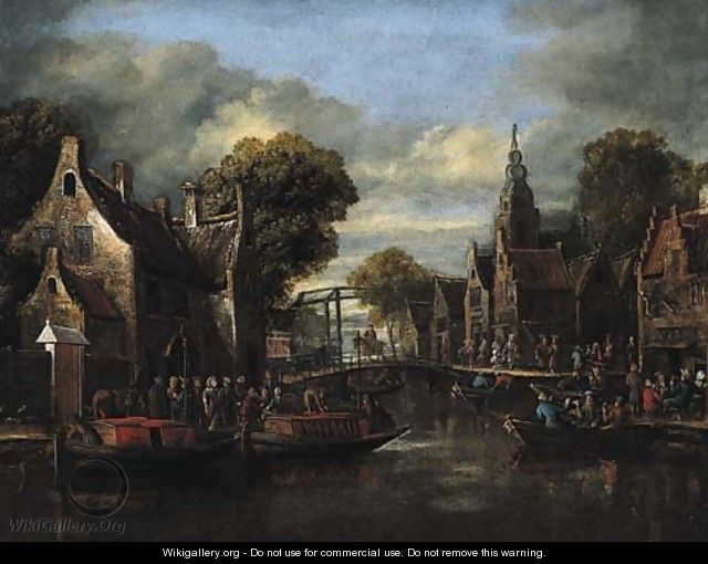 A village by a river with ferries by a bridge and peasants outside an inn - (after) Rutger Verburgh