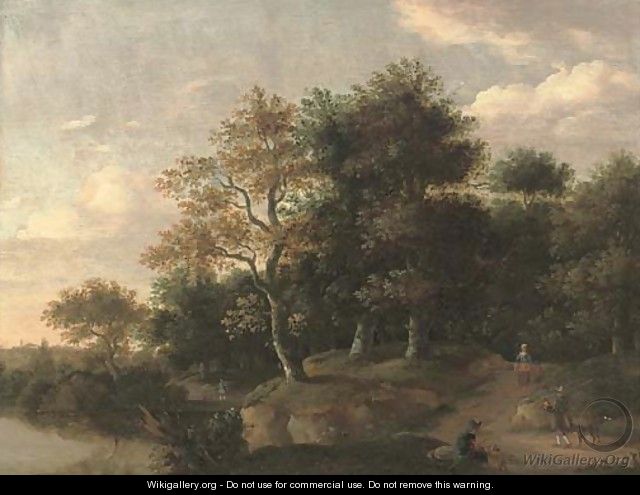 A wooded river landscape with figures on a track - (after) Roelof Van Vries