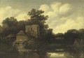 A wooded river landscape with a ruined tower and cottages - (after) Roelof Van Vries