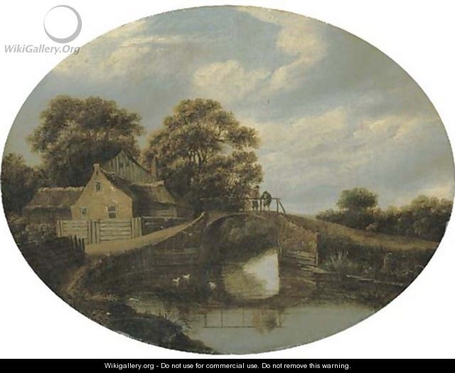 A wooded river landscape wih figures on a bridge near a house - (after) Roelof Van Vries