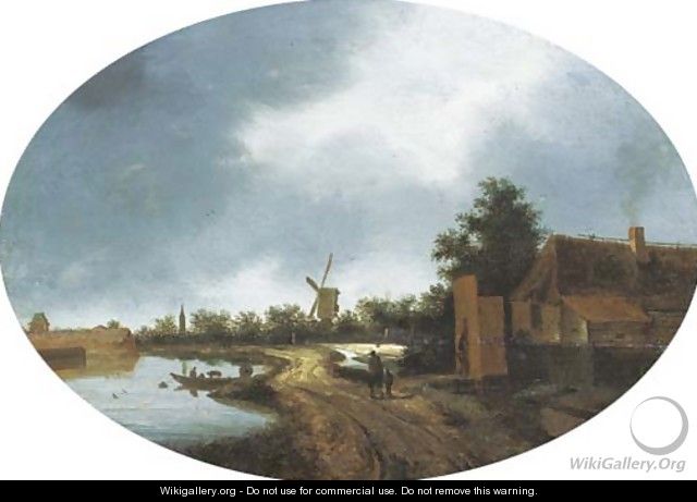 A river landscape with travellers on a path, a windmill beyond - (after) Roelof Van Vries