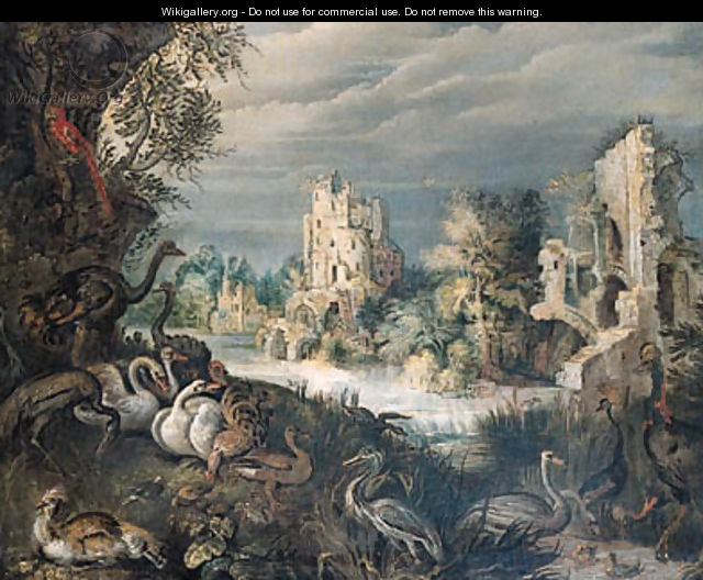 Ducks, swans, a guinea-fowl, a heron, ostriches, a parrot and other birds on a river bank - (after) Roelant Savery