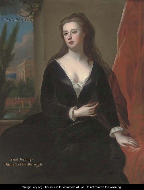 Portrait of Sarah Jennings, Duchess of Marlborough (1660-1744), seated three-quarter length, by a red curtain, in a black velvet dress - (after) Kneller, Sir Godfrey